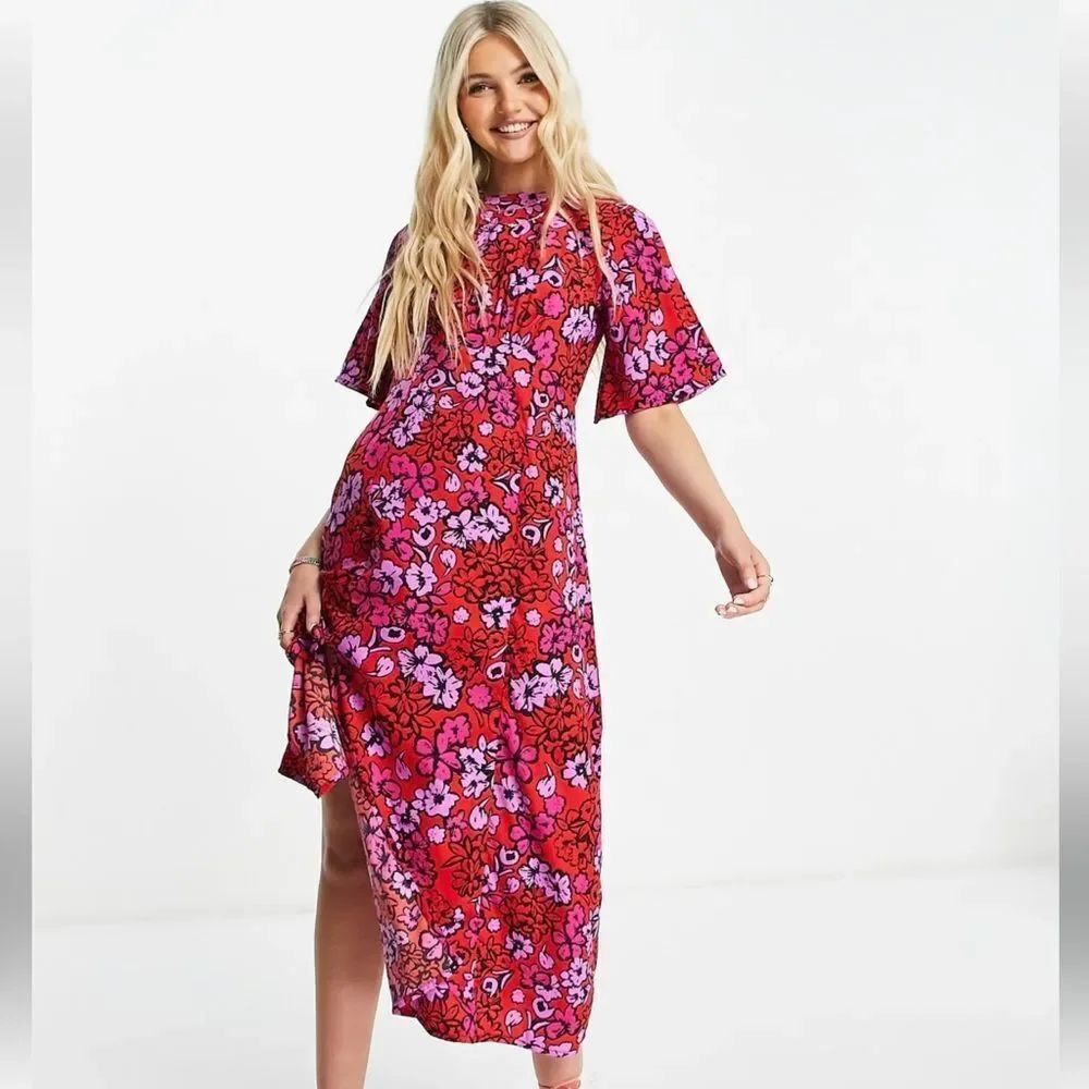 Influence Red and Pink Floral Midi Dress size 6